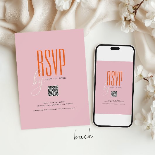 モダンピはっきりしたンクとオレンジのQRコーユニークド結婚の 招待状