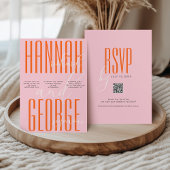 モダンピはっきりしたンクとオレンジのQRコーユニークド結婚の 招待状