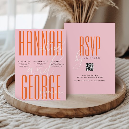 モダンピはっきりしたンクとオレンジのQRコーユニークド結婚の 招待状