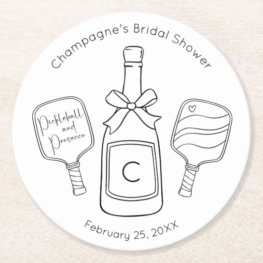 モダンピックルボールとプロセッコのブライズシャワー ラウンドペーパーコースター (正面)