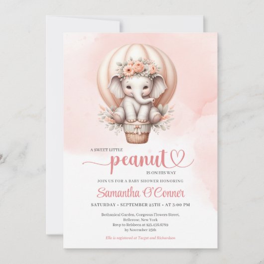 モダンピンクとグレーのベビー象赤面フローラ 招待状 (正面)