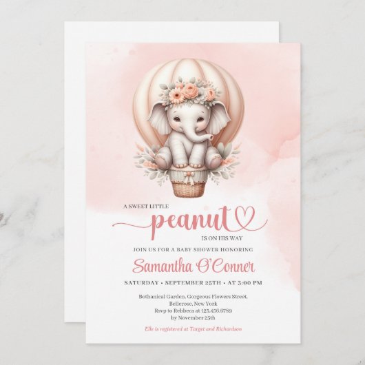 モダンピンクとグレーのベビー象赤面フローラ 招待状 (正面/裏面)