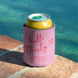 モダンピンクとレッドのHello 30 バースデー 缶クーラー