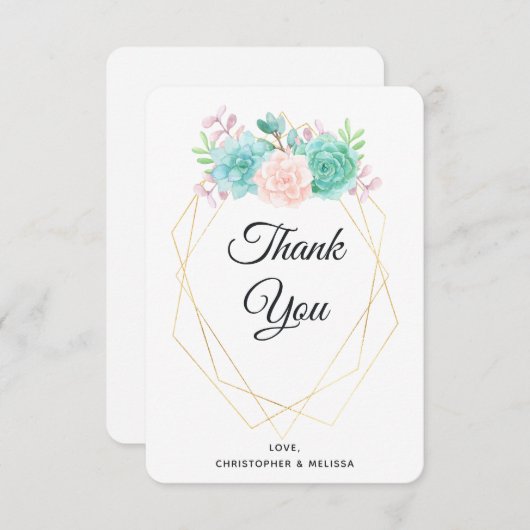 モダンピンクと緑の多肉植物の水の色結婚の サンキューカード (正面/裏面)