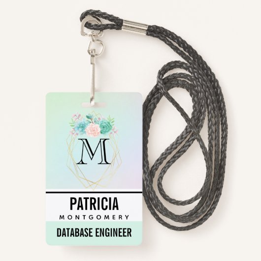 モダンピンクと緑の水色の多肉植物 バッジ (正面ランヤード)