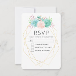 モダンピンクと緑の水色の多肉植物 出欠カード