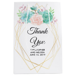 モダンピンクと緑の水色の多肉汁結婚類 ミディアムペーパーバッグ