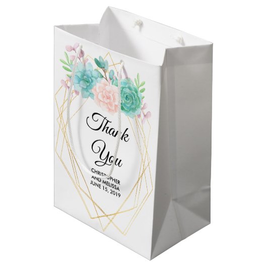 モダンピンクと緑の水色の多肉汁結婚類 ミディアムペーパーバッグ (正面アングル)