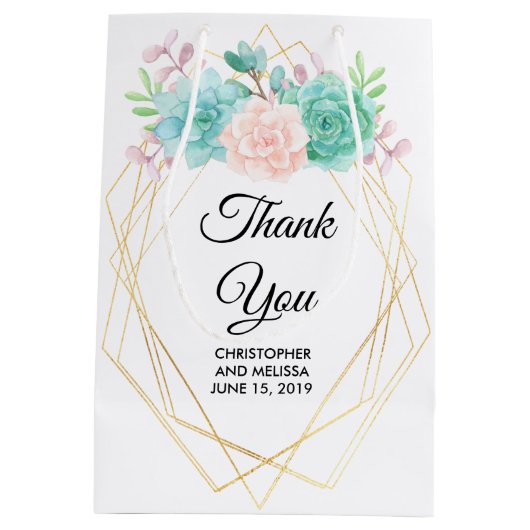 モダンピンクと緑の水色の多肉汁結婚類 ミディアムペーパーバッグ (裏面)