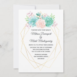 モダンピンクと緑の水色の多肉汁結婚類 招待状