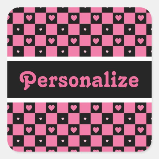 モダンピンクと黒の市松模様にハート スクエアシール (正面)