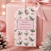 モダンピンクのクリスマスオーナメントギフトタグ