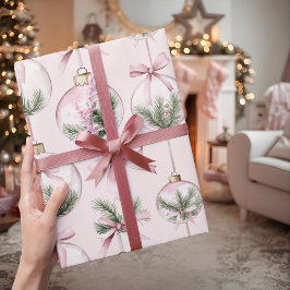 モダンピンクのクリスマスオーナメント包装紙 ラッピングペーパー