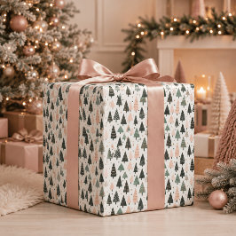 モダンピンクのクリスマスツリーパターン ラッピングペーパー