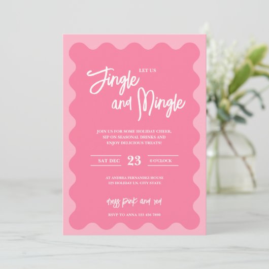 モダンピンクのジングル&ミンゲル ホリデーパーティー招待状 シーズンカード (スタンド正面)