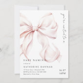 モダンピンクの弓の赤ちゃんの名前付け 招待状 (正面)