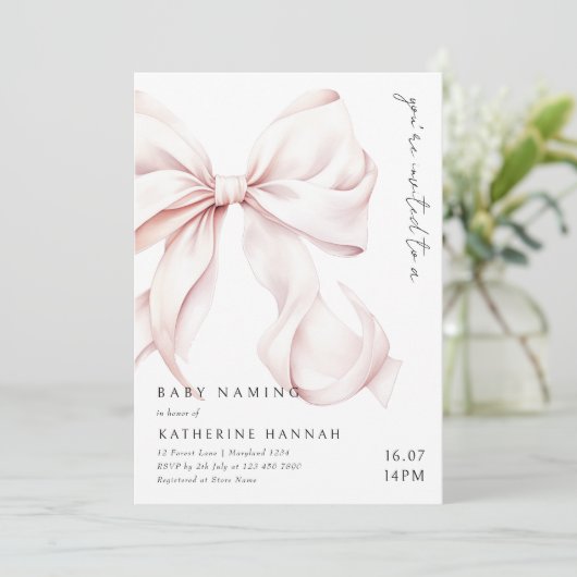 モダンピンクの弓の赤ちゃん命名式 招待状 (スタンド正面)
