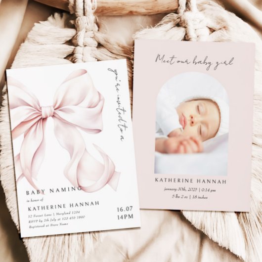 モダンピンクの弓 赤ちゃん命名 招待状