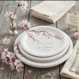モダンピンクの桜の花 フローラルウォーターカラー ペーパープレート