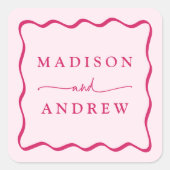 モダンピンクの波状結婚枠 スクエアシール (正面)