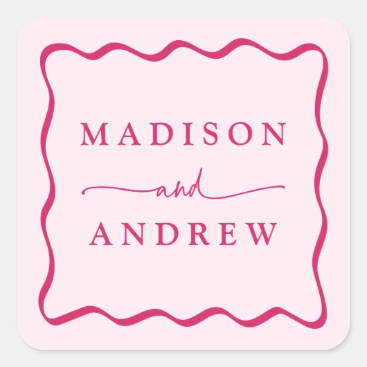 モダンピンクの波状結婚枠 スクエアシール (正面)