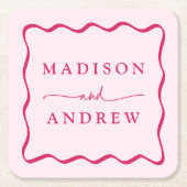 モダンピンクの波状結婚枠 スクエアペーパーコースター (正面)