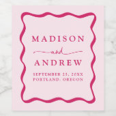 モダンピンクの波状結婚枠 ワインラベル (シングルラベル)