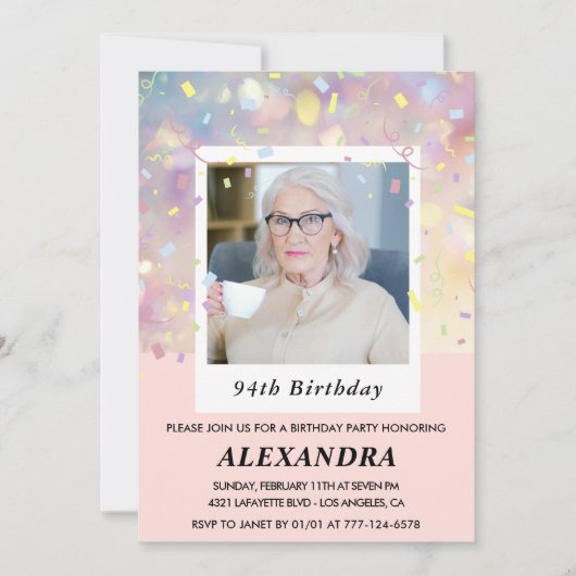 モダンピンクの紙吹雪の写真 94歳の誕生日 招待状 (正面)
