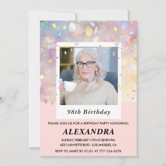 モダンピンクの紙吹雪の写真 98歳の誕生日 招待状 (正面)