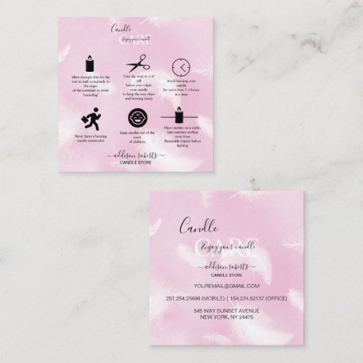 モダンピンクの羽気に蝋燭 スクエア名刺 (正面/裏面)