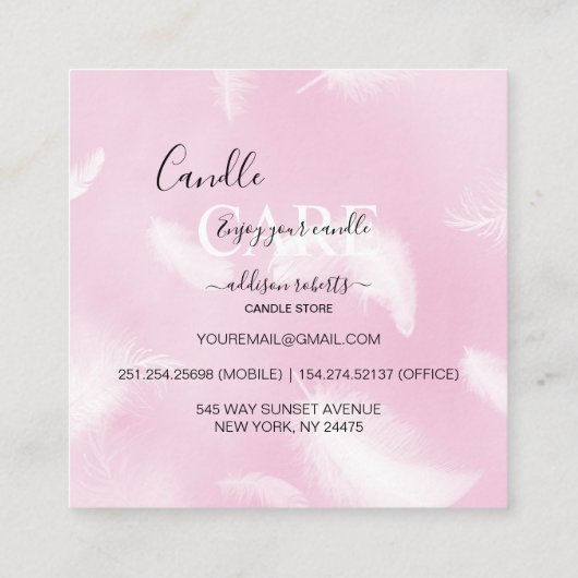 モダンピンクの羽気に蝋燭 スクエア名刺 (裏面)