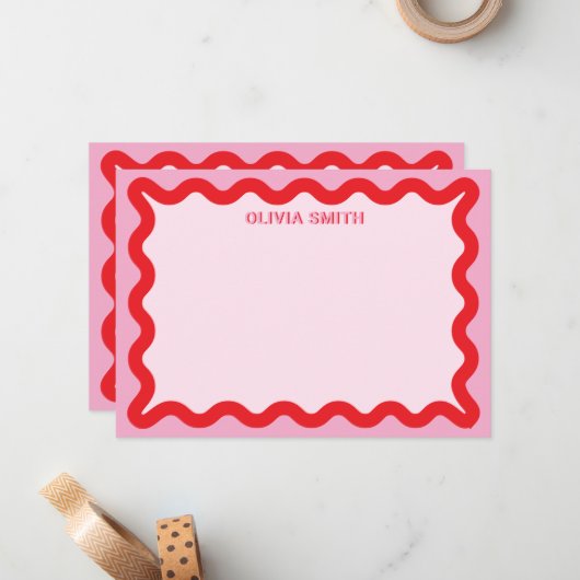 モダンピンクの赤い波線縁どモノグラム名 ノートカード (正面/裏面インサイチュ)