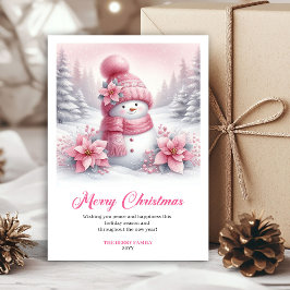 モダンピンクの雪だるまキッズダウンロードクリスマスカード シーズンカード