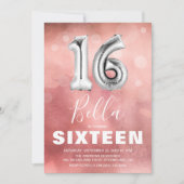 モダンピンクの16バルーンガール誕生日パーティー 招待状 (正面)