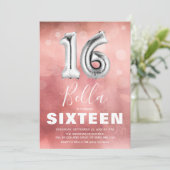 モダンピンクの16バルーンガール誕生日パーティー 招待状 (スタンド正面)