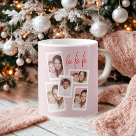 モダンピンクの「Fa La La」マルチフォトクリスマス コーヒーマグカップ