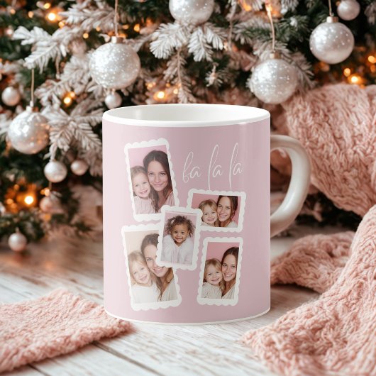 モダンピンクの「Fa La La」マルチフォトクリスマス コーヒーマグカップ