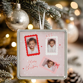 モダンピンクの「Fa La La」マルチフォトクリスマス メタルオーナメント