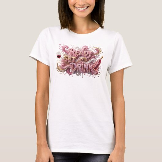 モダンピンクのREADY SET DRINK 3Dテキストアート Tシャツ (正面)