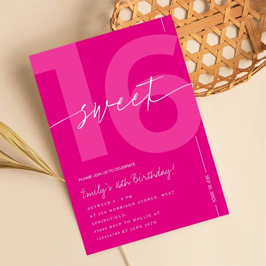モダンピンクのSweet 16 誕生日 招待状