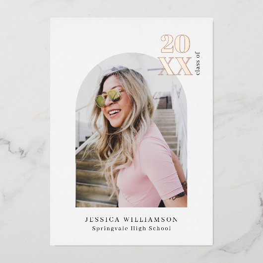 モダンピンクアーチフォトグラー実在ドバラ金ゴールド 箔招待状 (正面)