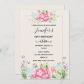 モダンピンクウォーターフローラブーケ誕生日 招待状 (正面/裏面)