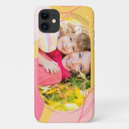 モダンピンクオレンジの花柄フォト 名前入り iPhone 11 ケース