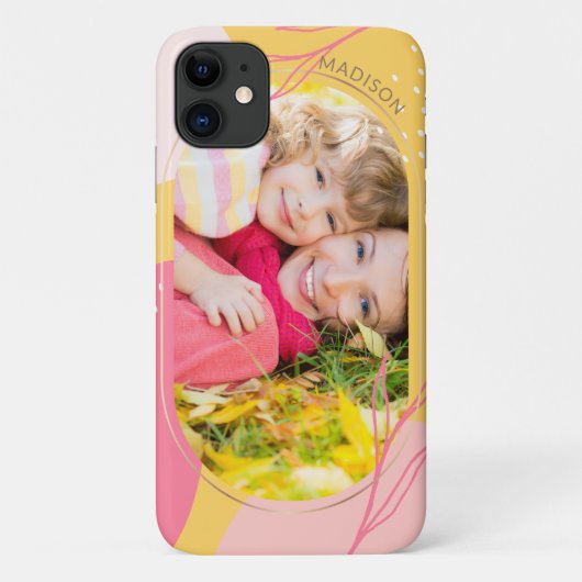 モダンピンクオレンジの花柄フォト 名前入り Case-Mate iPhoneケース (裏面)