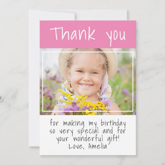 モダンピンクガール カスタムフォト誕生日 サンキューカード (正面)
