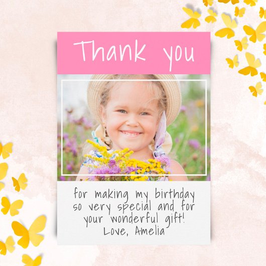 モダンピンクガール カスタムフォト誕生日 サンキューカード