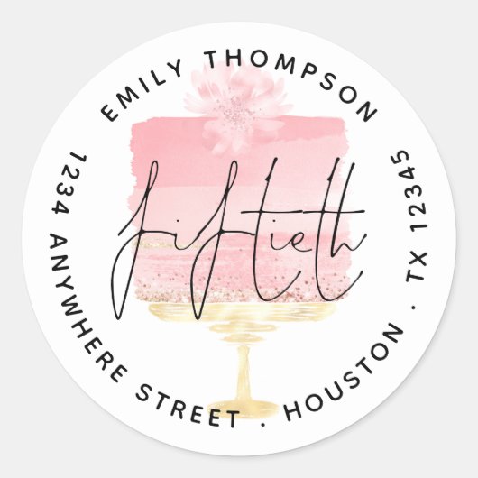 モダンピンクケーキスクリプト50th名前差出人住所 ラウンドシール (正面)