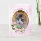 モダンピンクゴールドの花輪と猫の写真の誕生日 カード (正面)
