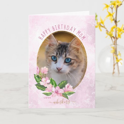モダンピンクゴールドの花輪と猫の写真の誕生日 カード (黄色い花)