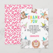 モダンピンクサファリ パーティーアニマルズ バースデー サンキューカード (正面/裏面)